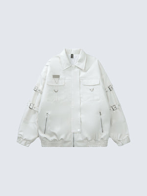 Faux Leather Utility Jacket with Buckle Straps – White, front view | XoKool