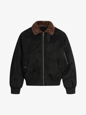 Faux Suede Bomber Jacket with Fur Collar – Black, front flat | XoKool