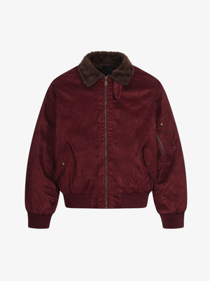 Faux Suede Bomber Jacket with Fur Collar – Wine Red, front flat | XoKool
