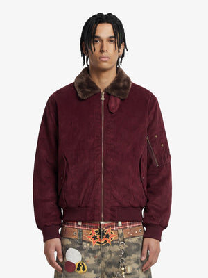 Suede bomber jacket – Wine Red, on model, front | XoKool
