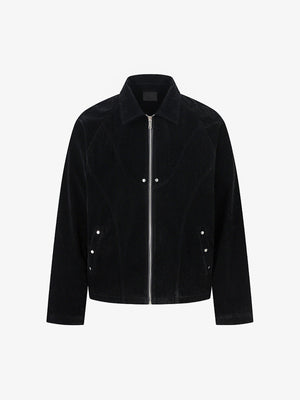 Faux Suede Collared Zip Jacket – Black, front view | XoKool