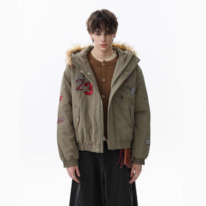 Retro Badge Embroidered Fur Collar Bomber Jacket - thumbnail 3