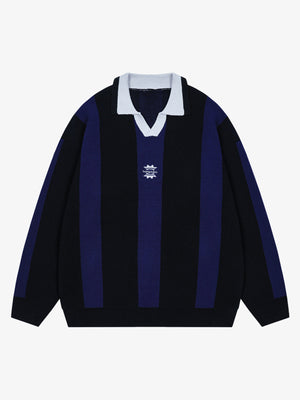 Vertical Striped Colorblock Lapel Sweater - thumbnail 2