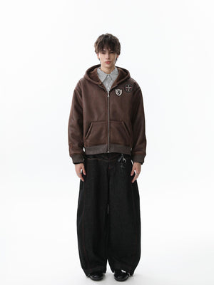 Vintage Leather Badge Fleece-lined Hooded Zip Bomber Jacket - thumbnail 6