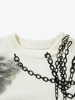 Chain Jacquard Spray-Painted Hole Round Neck Sweater - thumbnail 7