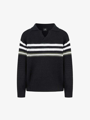 Retro Knitted Lapel V-Neck Contrast Striped Sweater - thumbnail 1