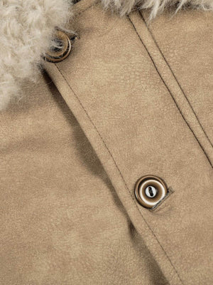 Vintage Fur Collar PU Leather Badge Embroidery Work Jacket - thumbnail 12