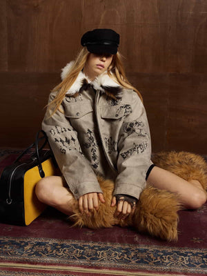 Gothic Letter Print Fur Collar Quilted Cotton Jacket - thumbnail 7