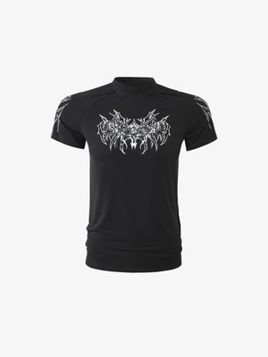 Enges Raglan-T-Shirt mit Stehkragen und Tribal-Print – Schwarz, vorne | XoKool