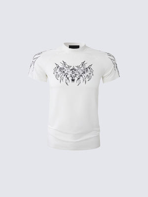 Figurbetontes Raglan T-Shirt mit Stehkragen und Tribal-Print – Weiß, Vorderansicht | XoKool