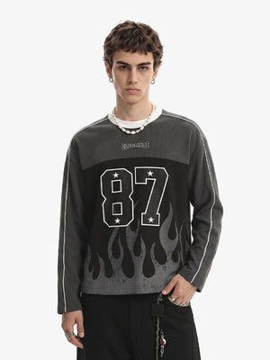 Flame Long Sleeve Shirt with Number 87 Print – Charcoal, on model front | XoKool