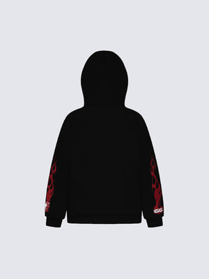 Flame Sleeve Full Zip Hoodie with Face Mask – Black, back view | XoKool