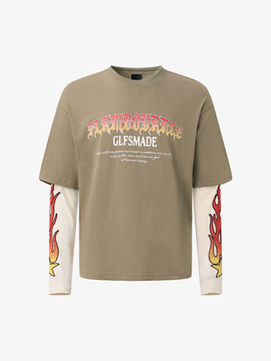Flame Sleeve Layered Long Sleeve Graphic Tee – Khaki, front view | XoKool