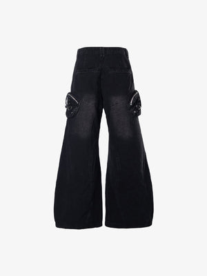 Flare Cargo Jeans – Black, back flat | XoKool