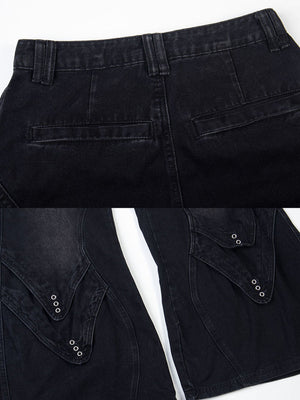 Flare Cargo Jeans – Black, back pockets and knee panel close-up | XoKool