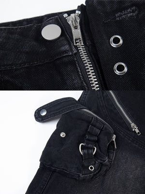 Flare Cargo Jeans – Black, fly zip and strap pocket close-up | XoKool