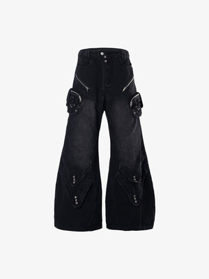 Flare Cargo Jeans with Buckle Strap Pockets – Black, front flat | XoKool
