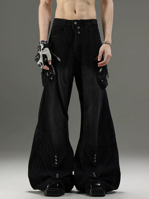Flare Cargo Jeans with Buckle Strap Pockets – Black, on model front | XoKool