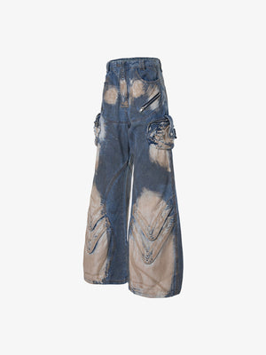 Flare Cargo Jeans with Buckle Strap Pockets – Blue, front flat angle | XoKool
