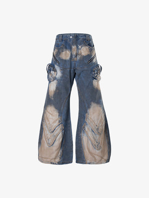 Flare Cargo Jeans with Buckle Strap Pockets – Blue, front flat | XoKool