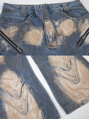 Flare Cargo Jeans – Blue, front zip pockets and knee panel close-up | XoKool