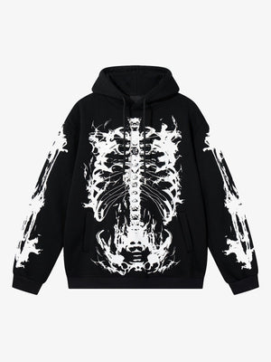 Fleece Lined Skeleton Print Hoodie – Black, front view | XoKool