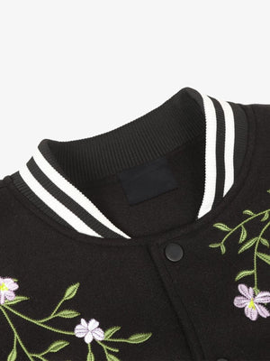 Floral Embroidered Varsity Jacket – Black, inner collar and neck close-up | XoKool