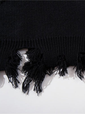 Gothic script sweater – Black, frayed hem close-up | XoKool