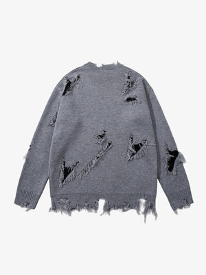 Frayed Gothic Script Distressed Knit Sweater – Grey, back view | XoKool