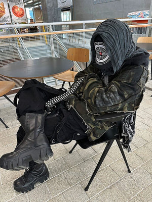 Denim shoulder bag – On masked model, seated | XoKool
