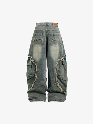 Frayed Seam Wide Leg Cargo Jeans – Vintage Blue, back flat | XoKool