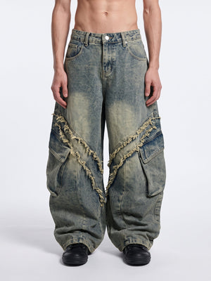 Frayed Seam Wide Leg Cargo Jeans – Vintage Blue on model, front | XoKool