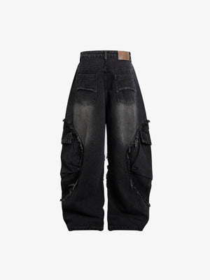 Frayed cargo jeans – Washed Black, back flat | XoKool