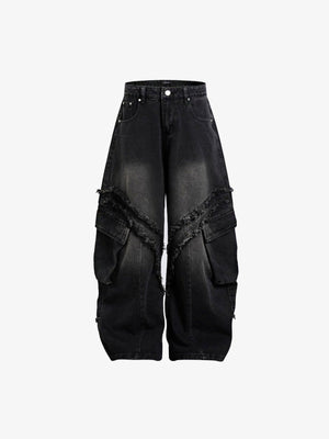 Frayed Seam Wide Leg Cargo Jeans – Washed Black, front flat | XoKool
