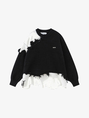 Colorblock Strick-Pullover mit Fransen – Schwarz, Vorderansicht | XoKool
