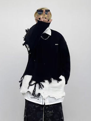 Fringe Color Block Knit Sweater – Black, on model, front | XoKool