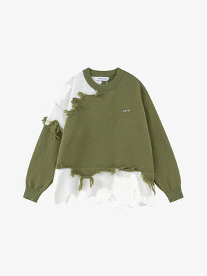 Fringe Color Block Knit Sweater – Olive, front view | XoKool