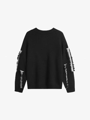 Fringed Patch Distressed Knit Sweater – Black, back view | XoKool