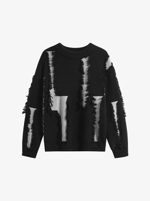 Fringed Patch Distressed Knit Sweater – Black, front view | XoKool