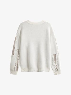 Fringed patch sweater – Off White, back view | XoKool