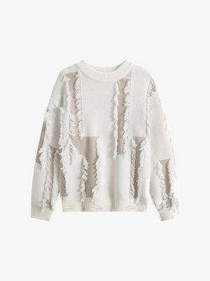 Fringed patch sweater – Off White, front view | XoKool