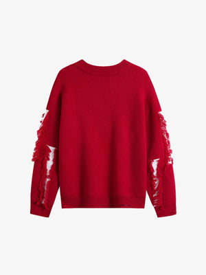 Fringed Patch Distressed Knit Sweater – Red, back view | XoKool