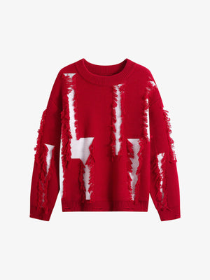 Fringed Patch Distressed Knit Sweater – Red, front view | XoKool