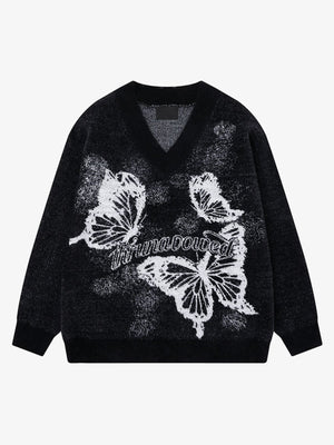 Fuzzy Butterfly Jacquard V-Neck Sweater – Black, front view | XoKool