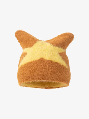 Beanie mit Katzenohren und Stern – Orange mit gelbem Stern, Vorderansicht | XoKool
