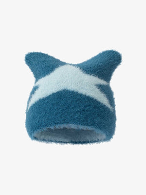 Beanie mit Katzenohren und Stern – Petrol mit hellblauem Stern, Vorderansicht | XoKool