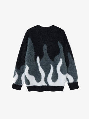Fuzzy Flame Jacquard Knit Sweater – Black, back view | XoKool