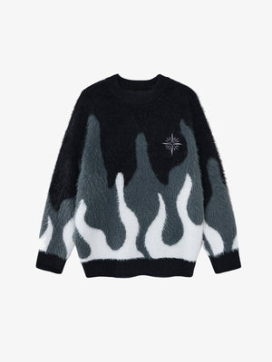 Fuzzy Flame Jacquard Knit Sweater – Black, front view | XoKool