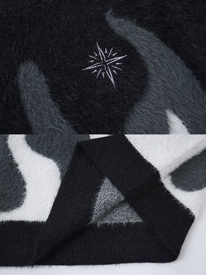 Fuzzy Flame Jacquard Knit Sweater – star embroidery and inside seam close-up | XoKool