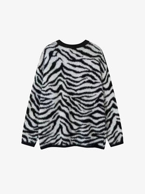 Fuzzy Zebra Print Crewneck Sweater – Black White Zebra, back view | XoKool